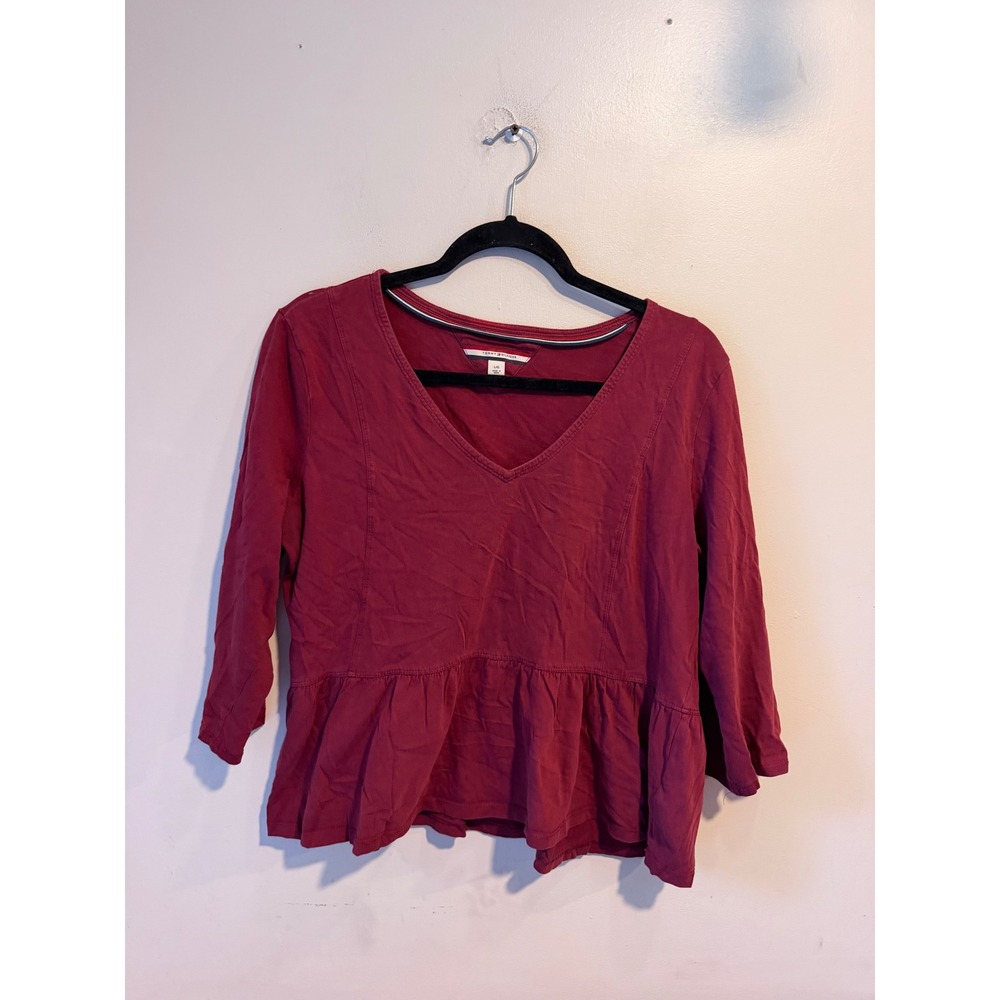 Tommy Hilfiger Womens Burgundy V-Neck Peplum Top 3/4 Sleeve Cotton Blouse L